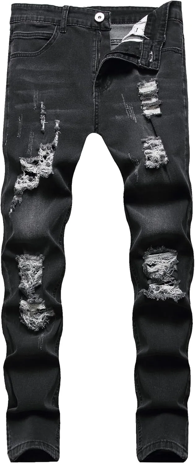 Men's Ripped Jeans  Fashionable Slim Fit Stretch Denim with,Ripped Distressed Destroyed Straight Slim Fit Jeans