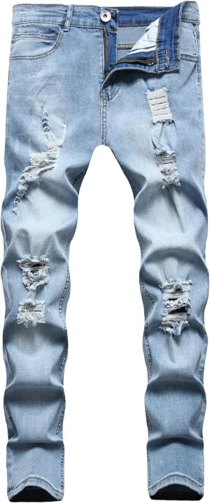 Men's Ripped Jeans  Fashionable Slim Fit Stretch Denim with,Ripped Distressed Destroyed Straight Slim Fit Jeans
