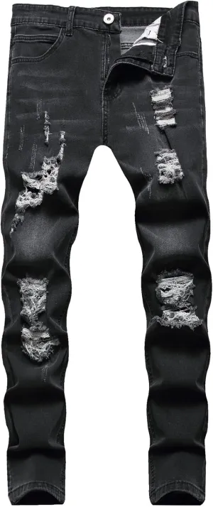 Men's Ripped Jeans  Fashionable Slim Fit Stretch Denim with,Ripped Distressed Destroyed Straight Slim Fit Jeans