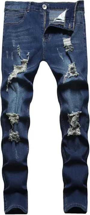Men's Ripped Jeans  Fashionable Slim Fit Stretch Denim with,Ripped Distressed Destroyed Straight Slim Fit Jeans