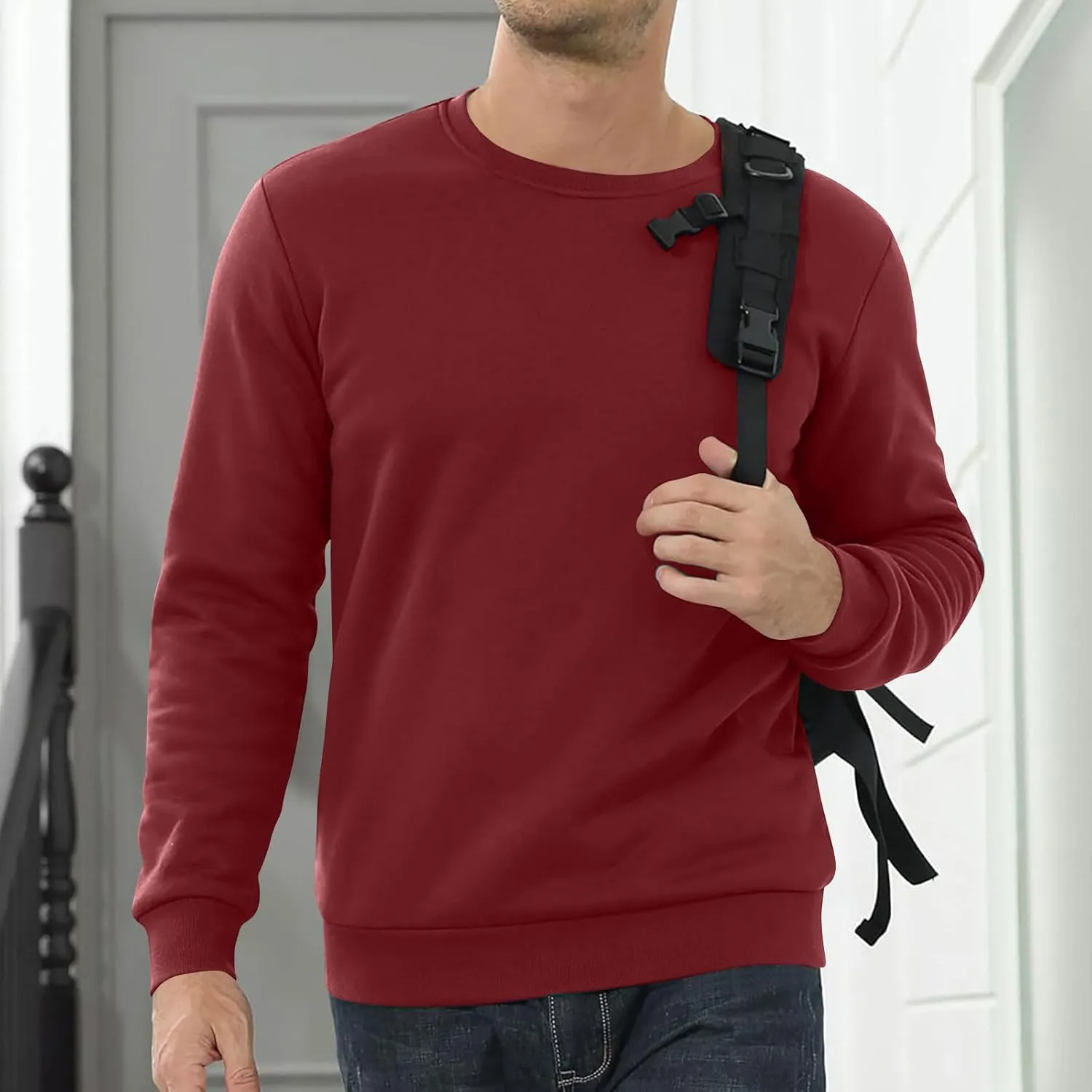 Mens Sherpa Lined Sweatshirt Basic Winter Fleece Warm Thick Pullover Top Casual Fashion Long Sleeve Crewneck Sweaters