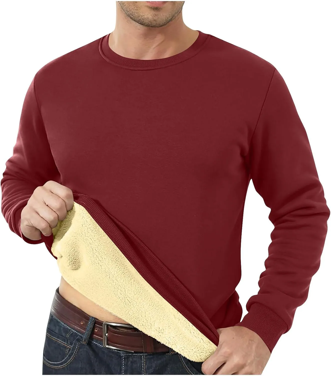 Mens Sherpa Lined Sweatshirt Basic Winter Fleece Warm Thick Pullover Top Casual Fashion Long Sleeve Crewneck Sweaters