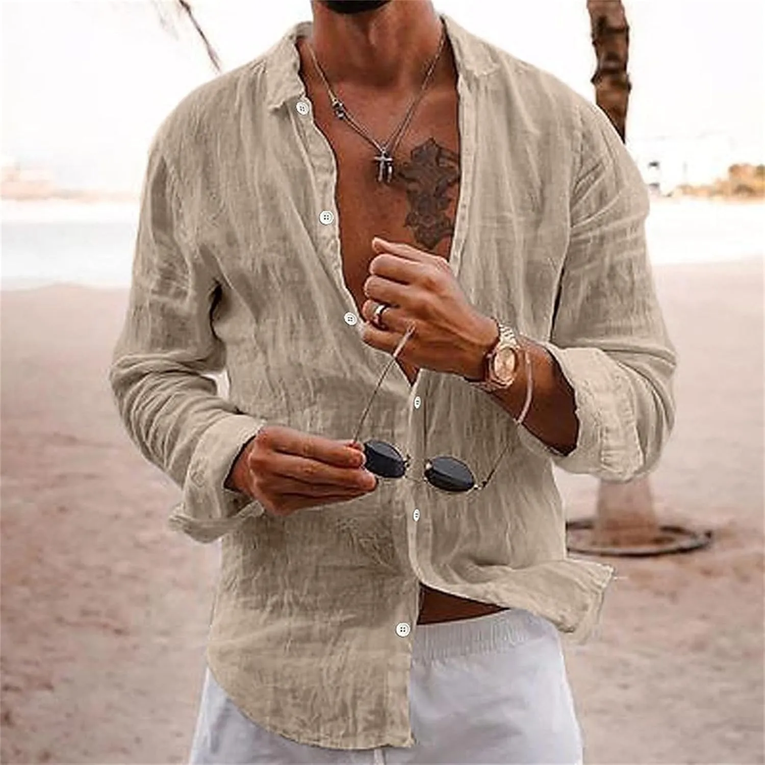 Men's Shirt Cotton Linen Long Sleeve Shirt Solid Color Loose Single-Breasted Lapel T-Shirt