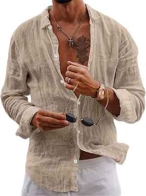 Men's Shirt Cotton Linen Long Sleeve Shirt Solid Color Loose Single-Breasted Lapel T-Shirt