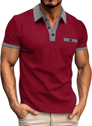 Men's Shirts Sleeved Lapel Thousands of Bird Grid Pockets Casual Top T Shirt Golf Shirts Men Quarter Button Shirts