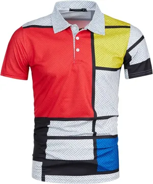 Mens Slim Fit Polo Shirts Print Button Lapel Short Sleeve Golf Breathable Comfortable Shirts Summer Fashion Casual Polo