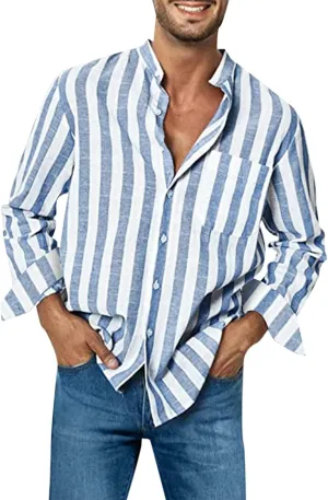 Mens Stripe Casual Shirt Linen Long Sleeve Button Stand Collar Fashion Shirt Top Street Style Walk Shirt with Pocket