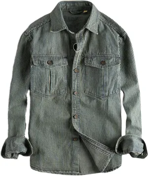 Men's Striped Fabric Washed Distressed Vintage Workwear European American Trendy Casual Denim Shirt