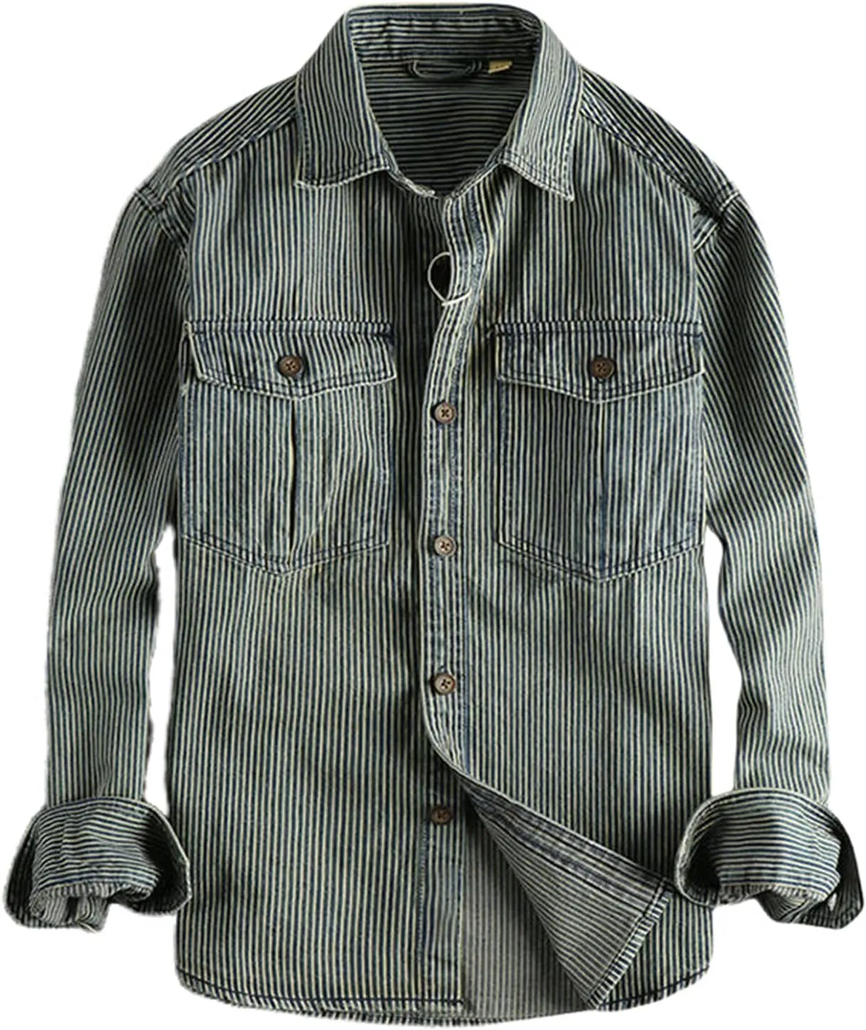 Men's Striped Fabric Washed Distressed Vintage Workwear European American Trendy Casual Denim Shirt