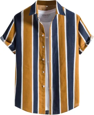 Men's Striped Shirt Untucked Shirt Casual Short Sleeve Shirt Wrinkle Free Wedding Shirts Summer Beach Vacation Shirts