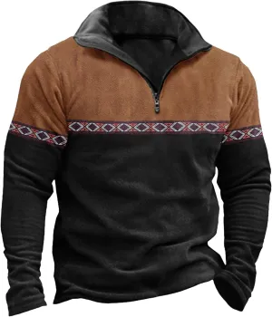 Mens Western Aztec 1/4 Zip Sweatshirts Casual Long Sleeve Vintage Pullover Tops Fall Spring Ethnic Style Cowboy Tops