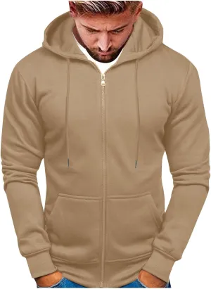 Men's Zip-up Hooded Sweatshirts Full-Zip Hoodie Long Sleeve Solid Color Drawstring Casual Hoodies for Men with Pocket