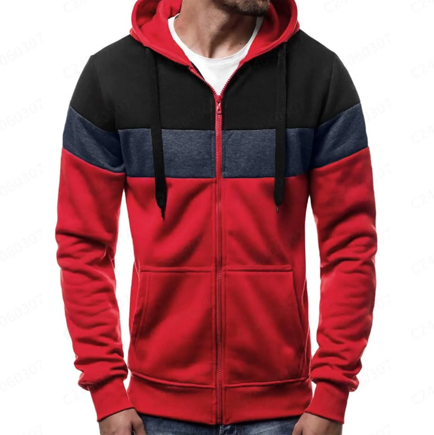 Mens Zip Up Hoodies Jacket Casual Color Block Print Sport Sweatshirts Outerwear Athletic Workout Pullover Sweatshirt