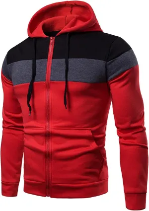 Mens Zip Up Hoodies Jacket Casual Color Block Print Sport Sweatshirts Outerwear Athletic Workout Pullover Sweatshirt