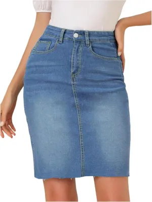 Midi Denim Skirt Women Stretchy High Waist Pencil Frayed Jean Skirt Below Knee Business Casual Skirts with Pockets