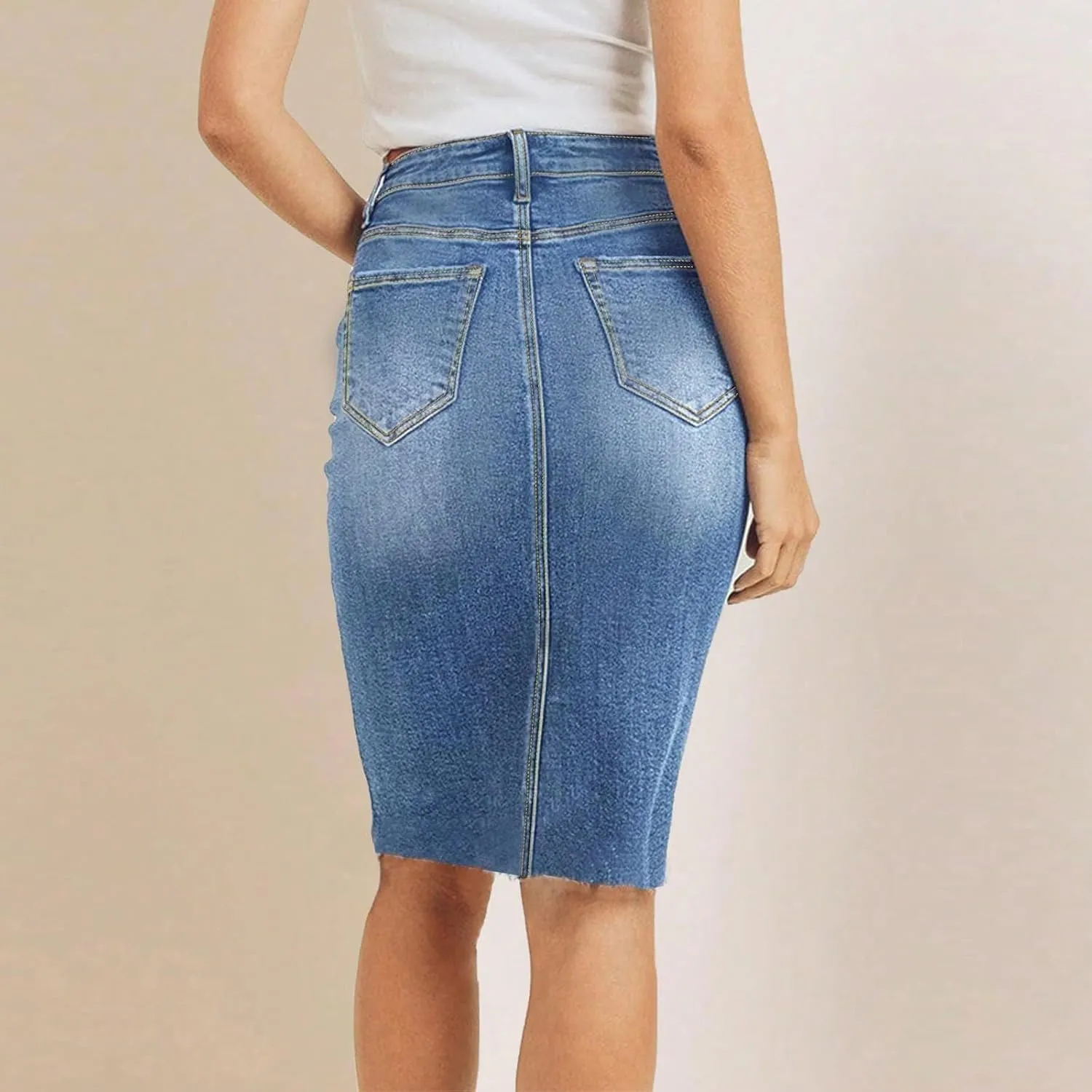 Midi Denim Skirt Women Stretchy High Waist Pencil Frayed Jean Skirt Below Knee Business Casual Skirts with Pockets