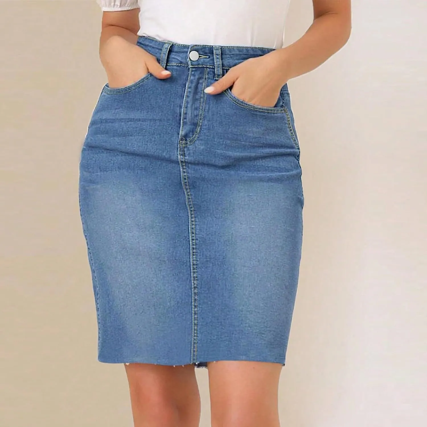 Midi Denim Skirt Women Stretchy High Waist Pencil Frayed Jean Skirt Below Knee Business Casual Skirts with Pockets