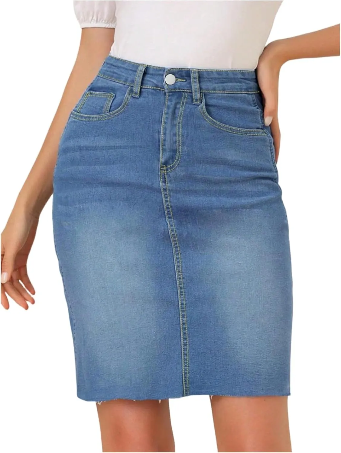 Midi Denim Skirt Women Stretchy High Waist Pencil Frayed Jean Skirt Below Knee Business Casual Skirts with Pockets