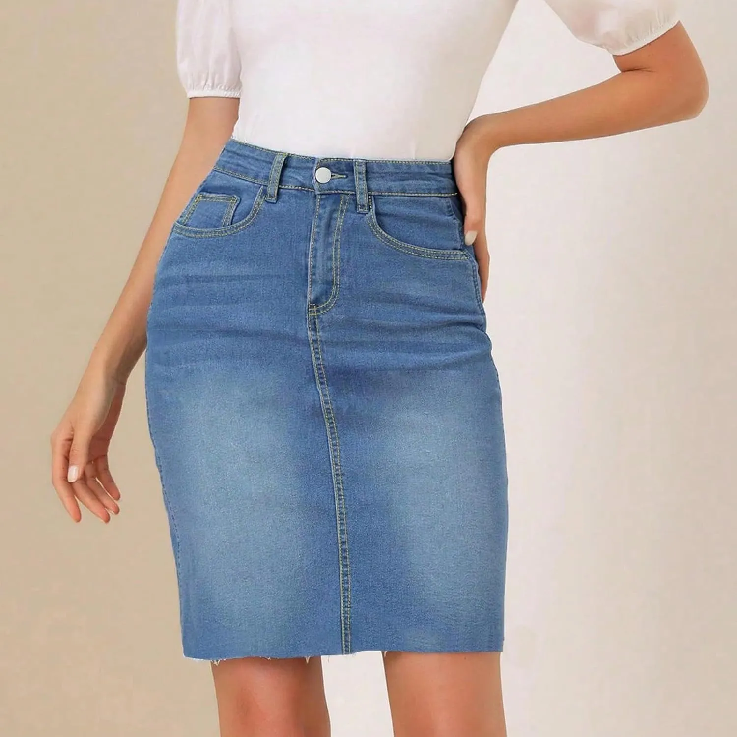 Midi Denim Skirt Women Stretchy High Waist Pencil Frayed Jean Skirt Below Knee Business Casual Skirts with Pockets