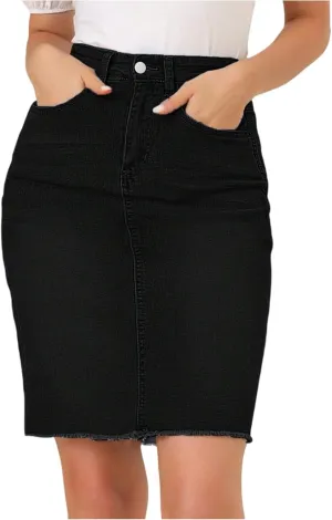 Midi Jean Skirt for Women Stretchy High Waist Frayed Denim Skirt Sexy Below Knee Bodycon Pencil Skirts with Pockets