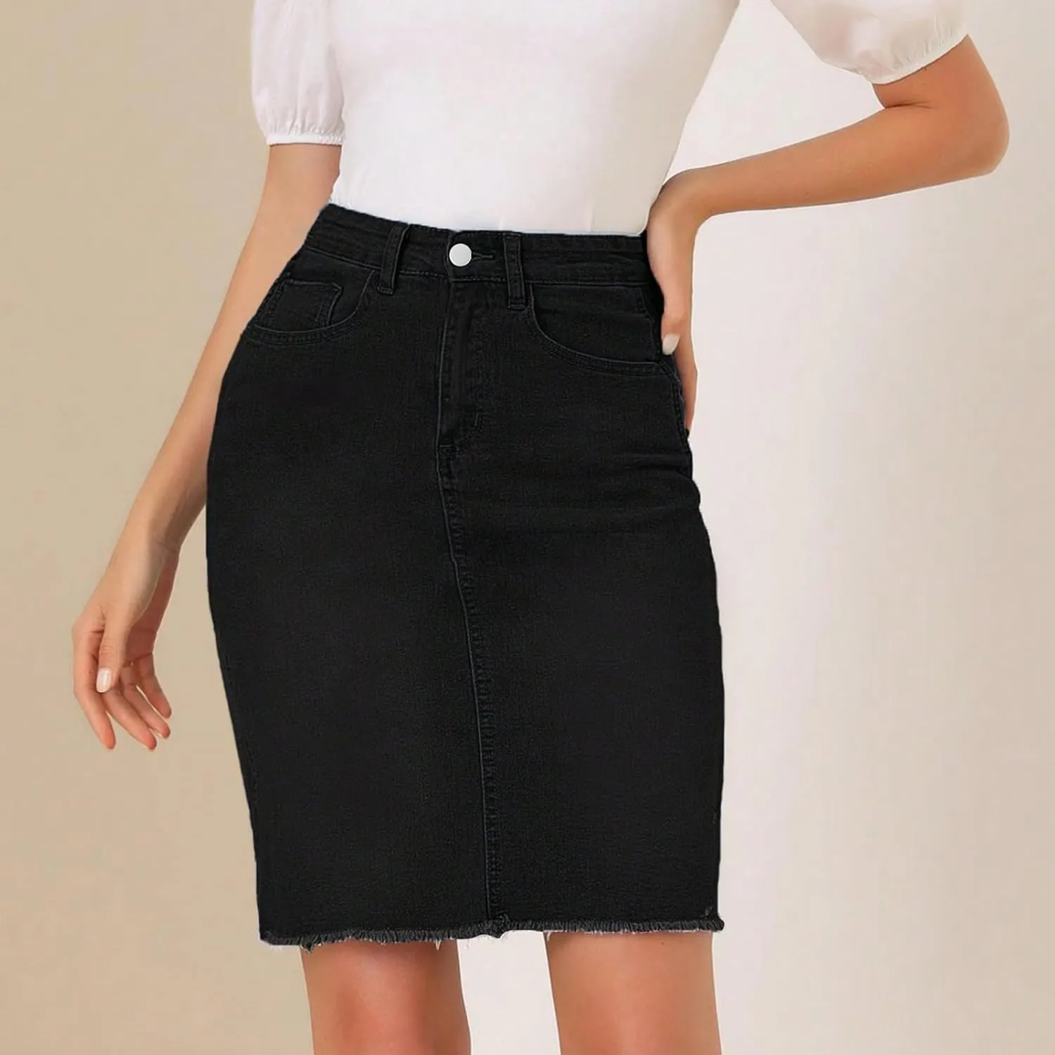Midi Jean Skirt for Women Stretchy High Waist Frayed Denim Skirt Sexy Below Knee Bodycon Pencil Skirts with Pockets