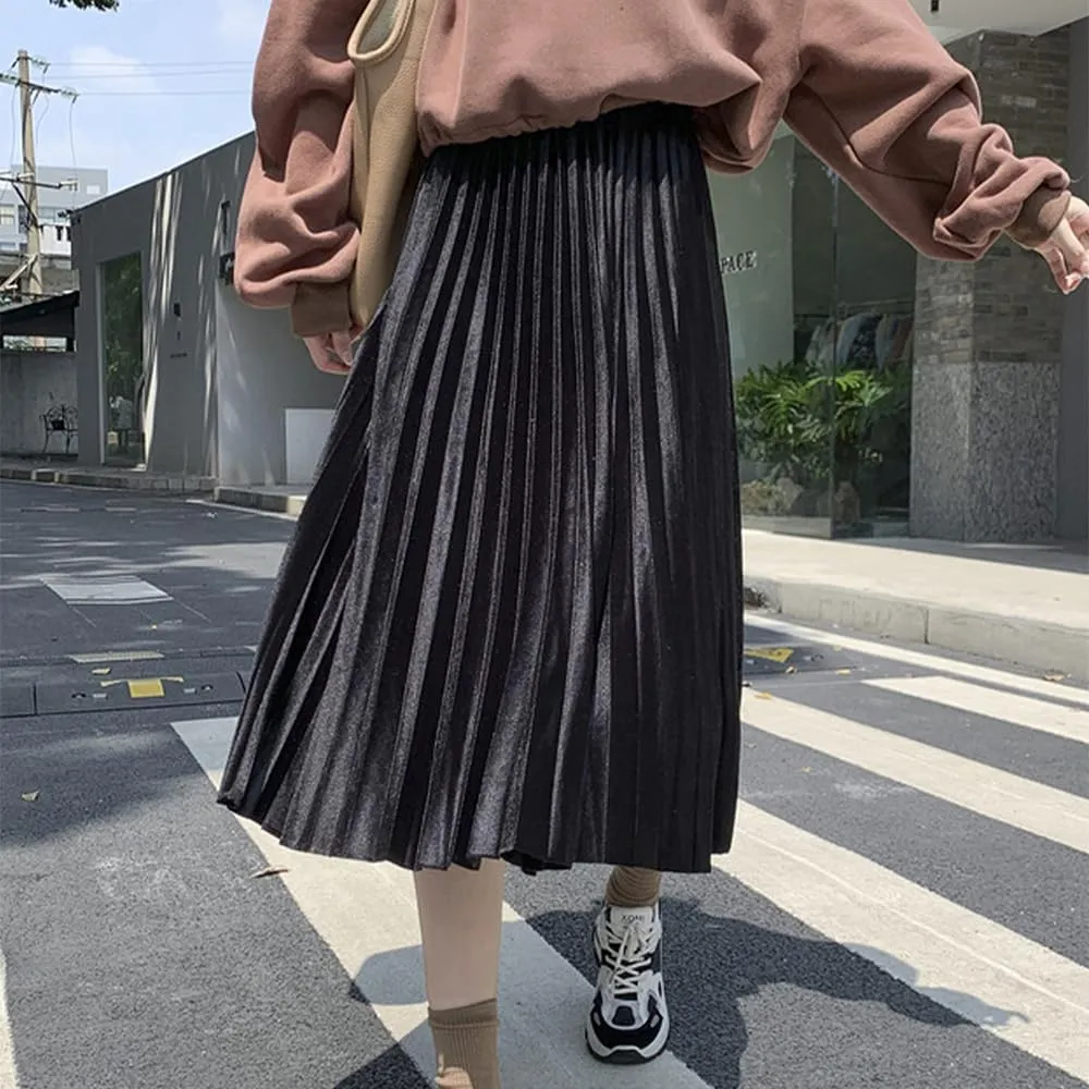 Midi Skirt for Women Pleated Skirt Elastic High Waist A Line Skirt