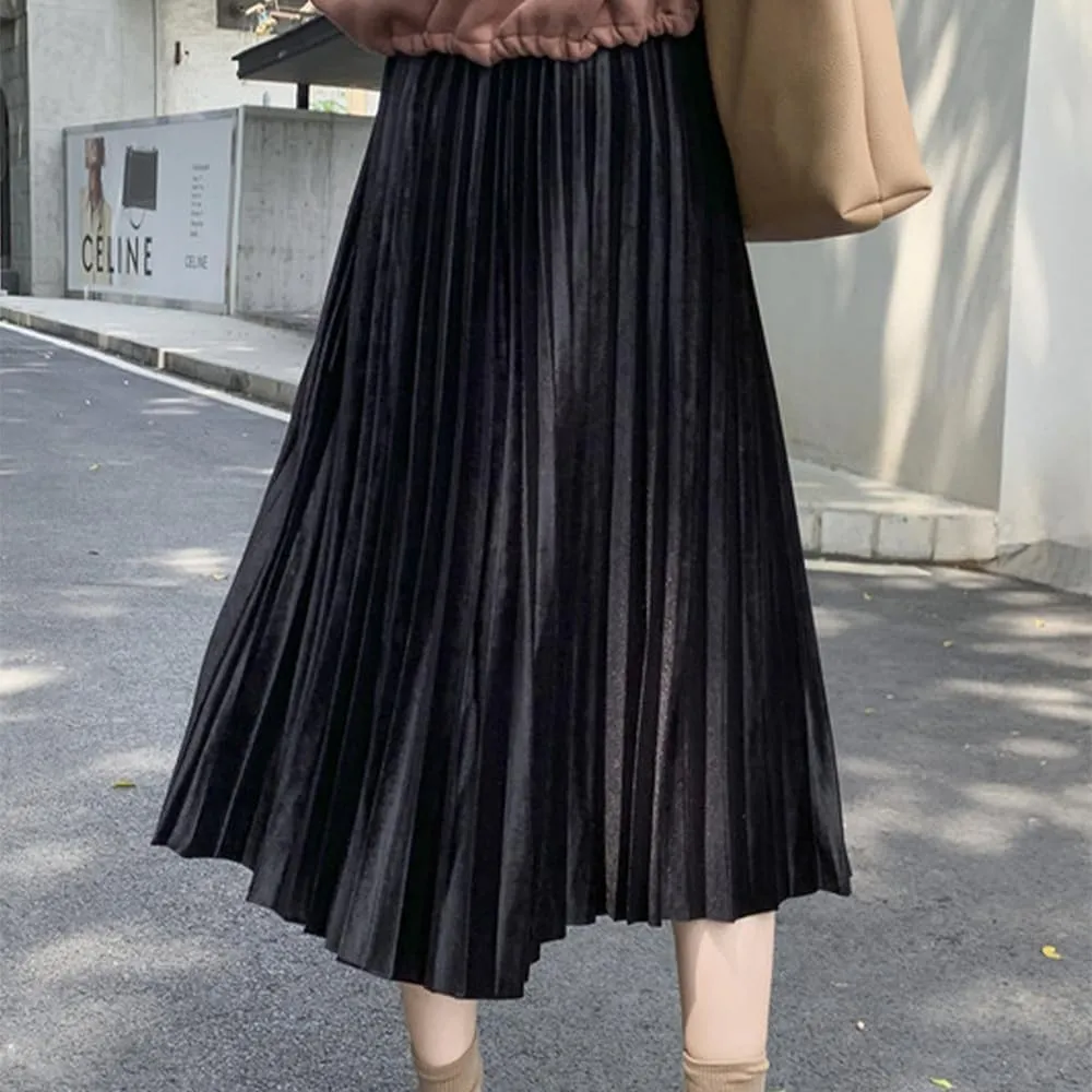 Midi Skirt for Women Pleated Skirt Elastic High Waist A Line Skirt