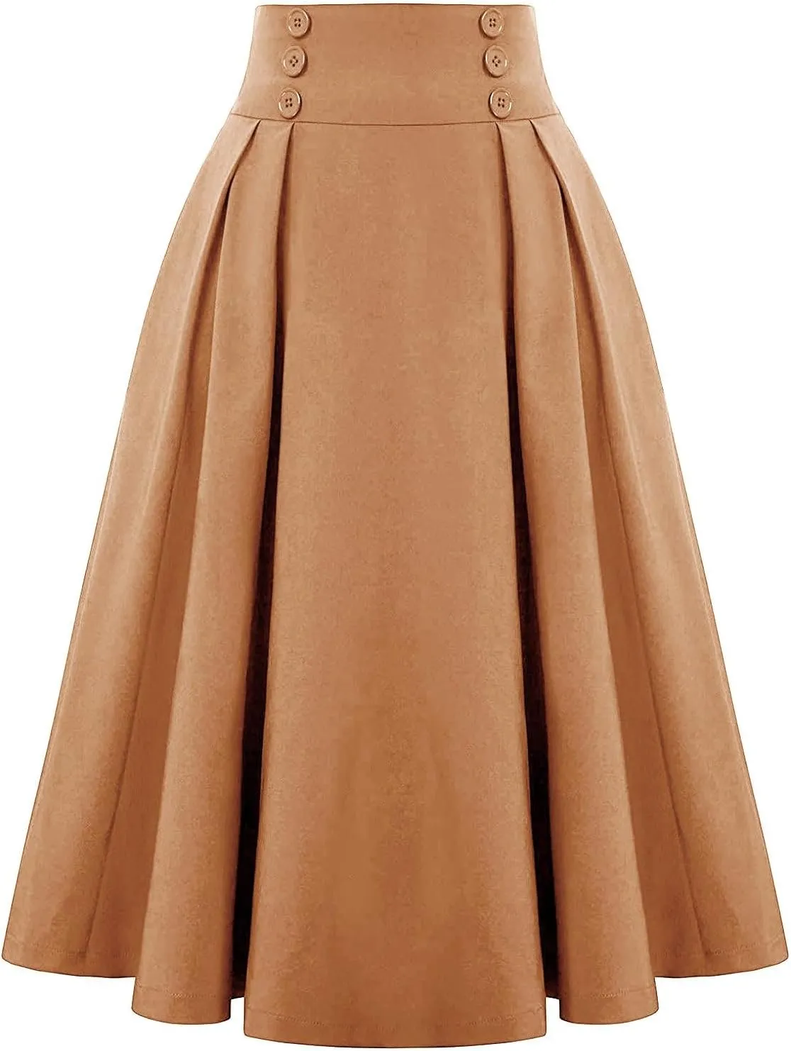 Midi Skirts for Women Elegant Vintage Button Elastic High Waisted Skirts Dressy Casual Pleated A Line Work Skirts