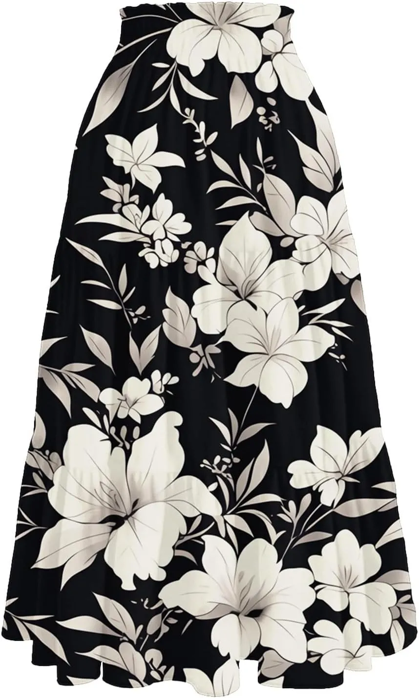 Midi Skirts for Women Trendy Casual A Line Elastic High Waisted Floral Ruched Flowy Vacation Boho Midi Length Skirts
