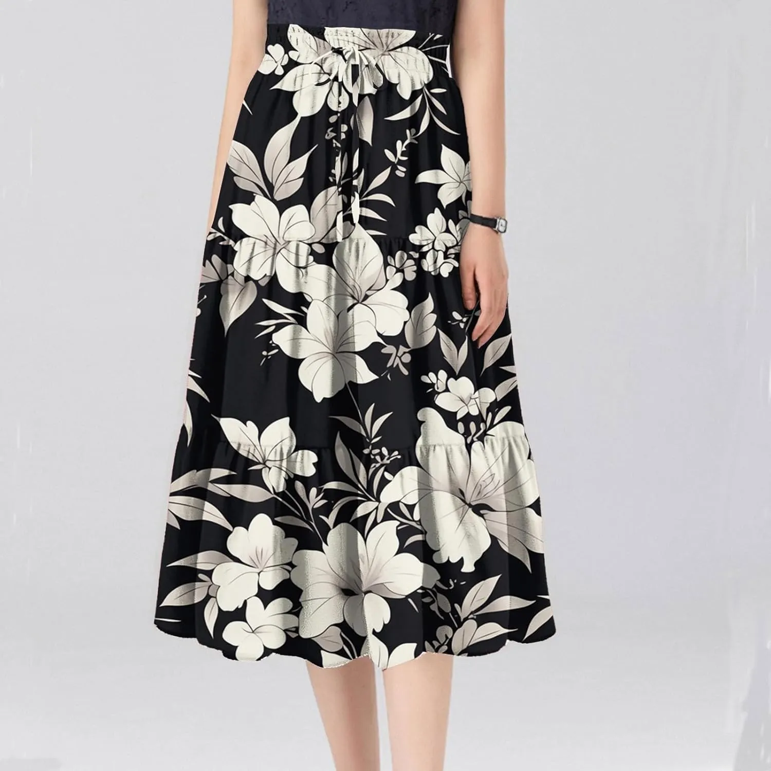 Midi Skirts for Women Trendy Casual A Line Elastic High Waisted Floral Ruched Flowy Vacation Boho Midi Length Skirts