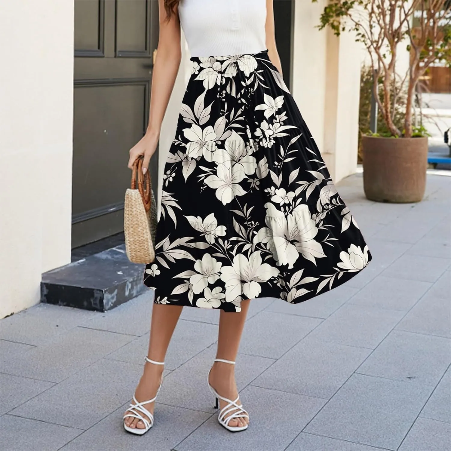Midi Skirts for Women Trendy Casual A Line Elastic High Waisted Floral Ruched Flowy Vacation Boho Midi Length Skirts