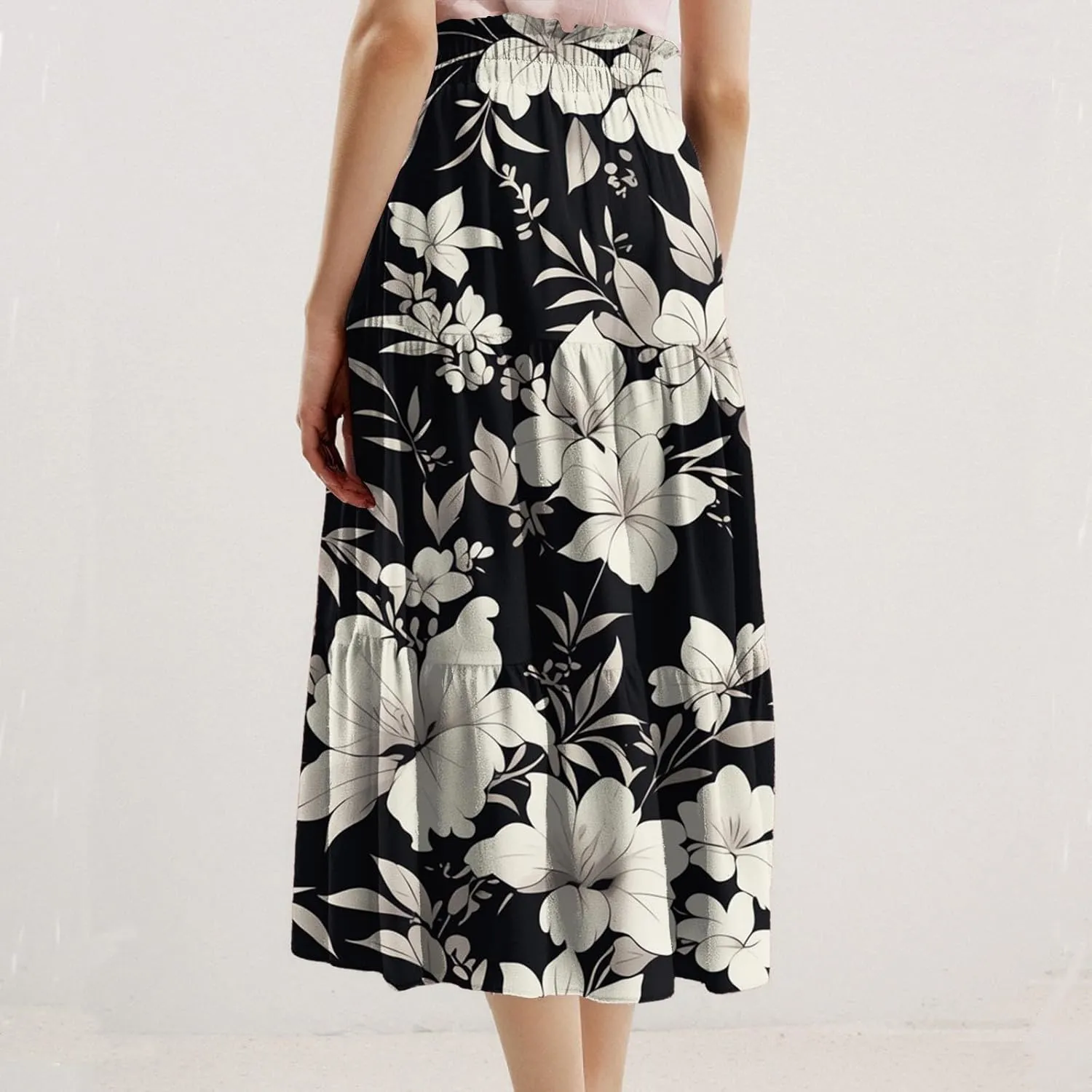 Midi Skirts for Women Trendy Casual A Line Elastic High Waisted Floral Ruched Flowy Vacation Boho Midi Length Skirts
