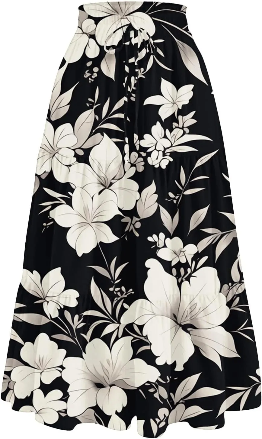 Midi Skirts for Women Trendy Casual A Line Elastic High Waisted Floral Ruched Flowy Vacation Boho Midi Length Skirts