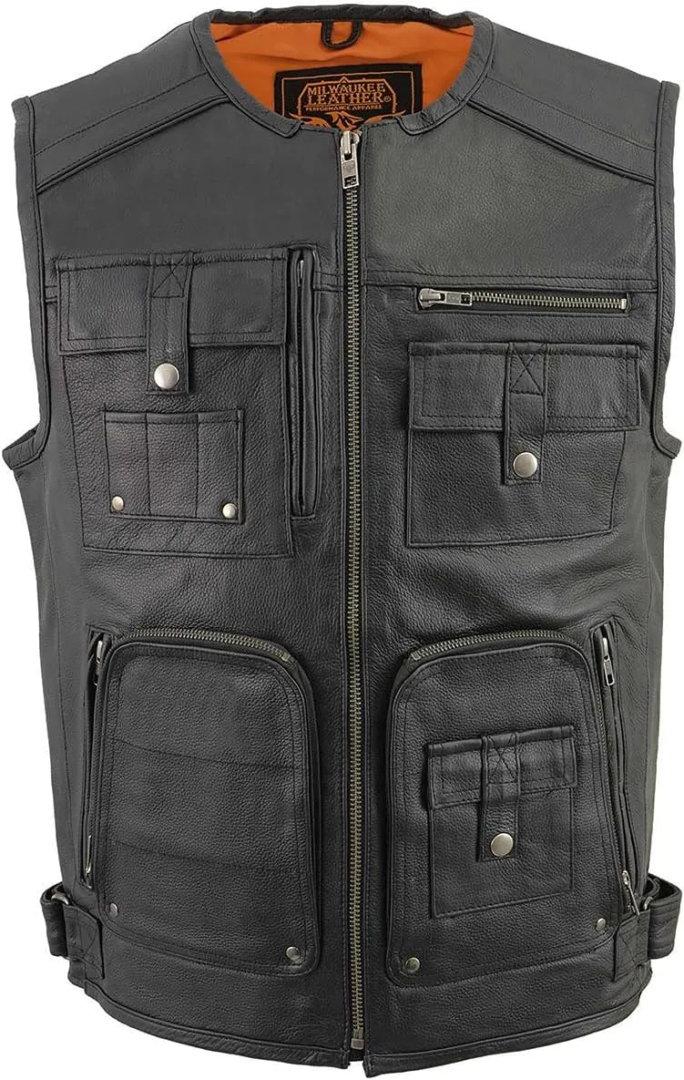 Milwaukee Leather MLM3580 Men's Black Super Utility-Multi Pocket Vest Motorcycle Biker Leather Vest