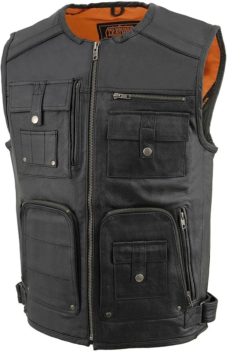 Milwaukee Leather MLM3580 Men's Black Super Utility-Multi Pocket Vest Motorcycle Biker Leather Vest