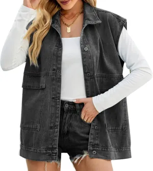 MINTLIMIT Women's Denim Vest Oversized Button Down Jean Vest Vintage Sleeveless Distressed Denim Jacket