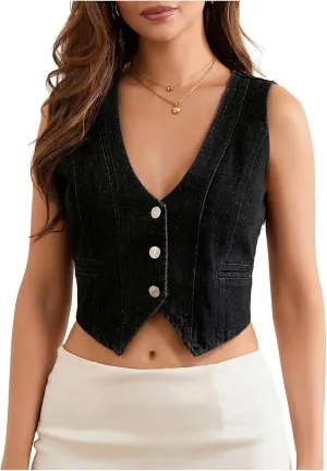 Miqil Women Y2K Button Down Denim Vest Sexy Sleeveless Denim Crop Top Low Cut Strapless Jean Corset Bustier Streetwear