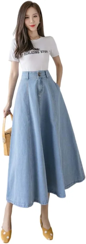 MLAFE Womens Denim A-Line Long Midi Skirt Women'S Casual High Waisted Solid Button Denim Jean Skirt Pleated Long Denim Skirt