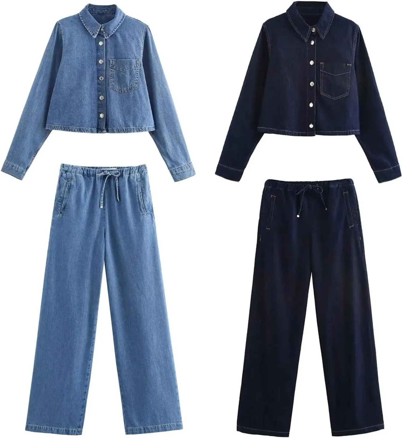 Mnjyihy Women's Denim Shirt Set Casual Short Single-Breasted Denim Shirt High-Waisted Wide-Leg Pants Set