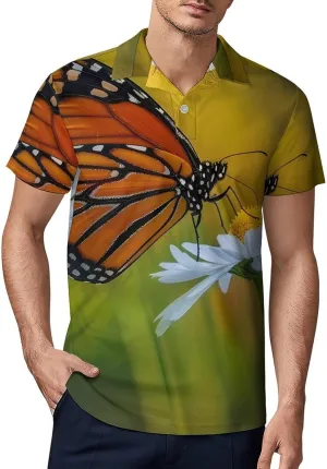 Monarch Butterfly on Flower Men's Polo Shirt Short Sleeve Print T Shirt Slim Fit Golf Shirt Collared Tee Casual Top