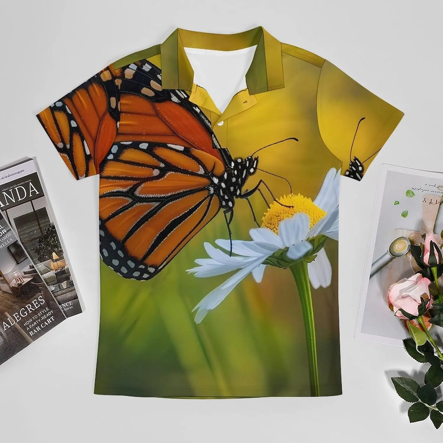 Monarch Butterfly on Flower Men's Polo Shirt Short Sleeve Print T Shirt Slim Fit Golf Shirt Collared Tee Casual Top