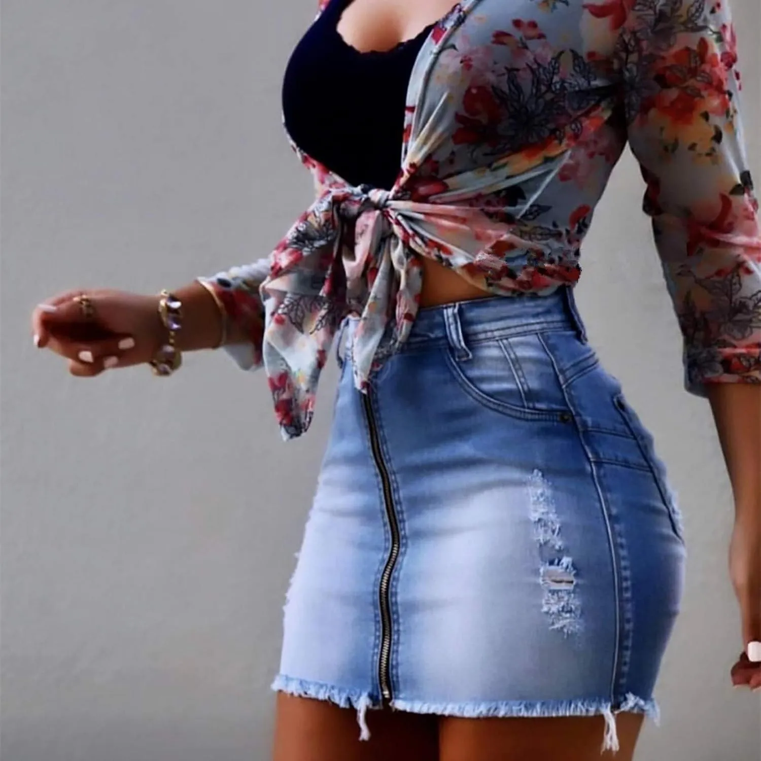 NaRHbrg Denim Skirts for Women's Casual Distressed Ripped A-Line Denim Short Skirt Zipper Front Denim Mini Skirt with Pocket
