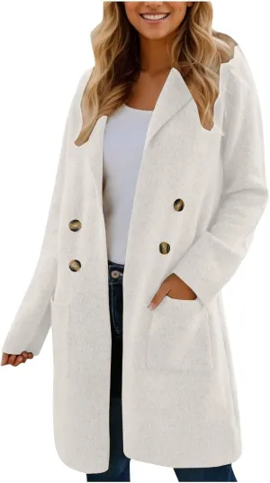 NATHGAM Womens Long Trench Coats Casual Double-Breasted Mid-Length Cardigan Peacoats Trendy Wool Lightweight Outwear Jackets