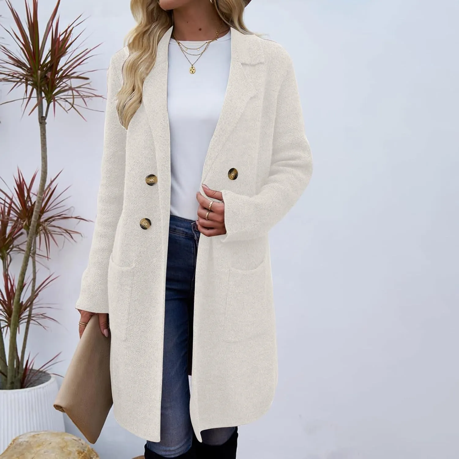 NATHGAM Womens Long Trench Coats Casual Double-Breasted Mid-Length Cardigan Peacoats Trendy Wool Lightweight Outwear Jackets