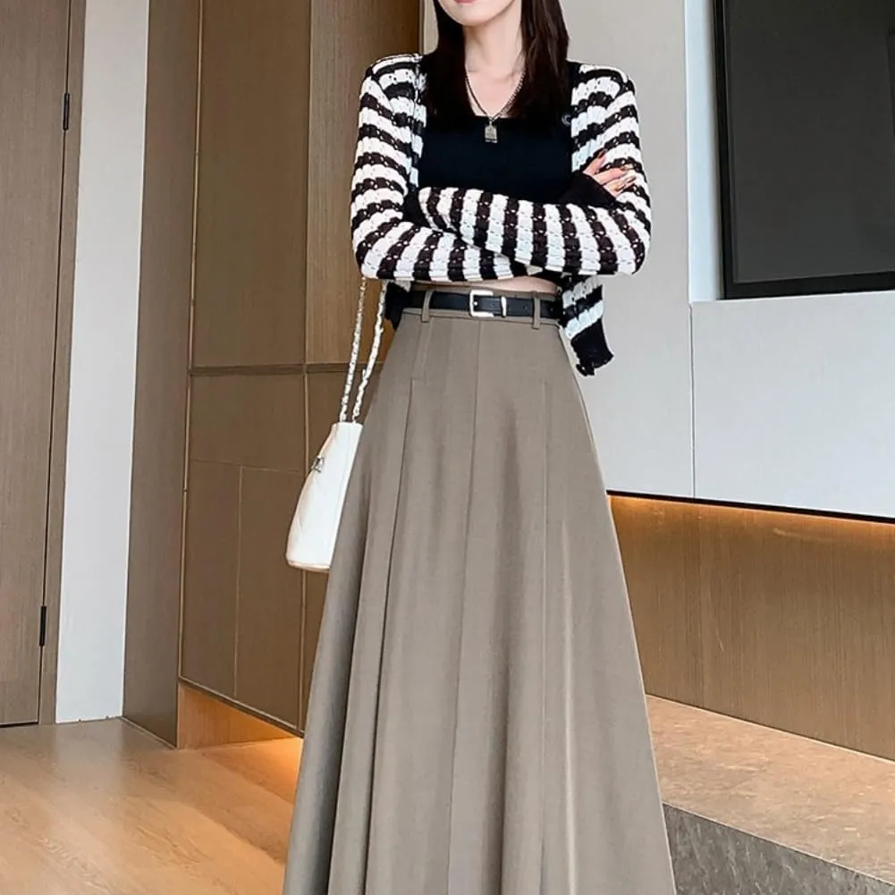 Office Lady All-Match Waist A-Line Skirts, High Waisted A Line Flowy Pleated Fall Winter Skirt with Belt