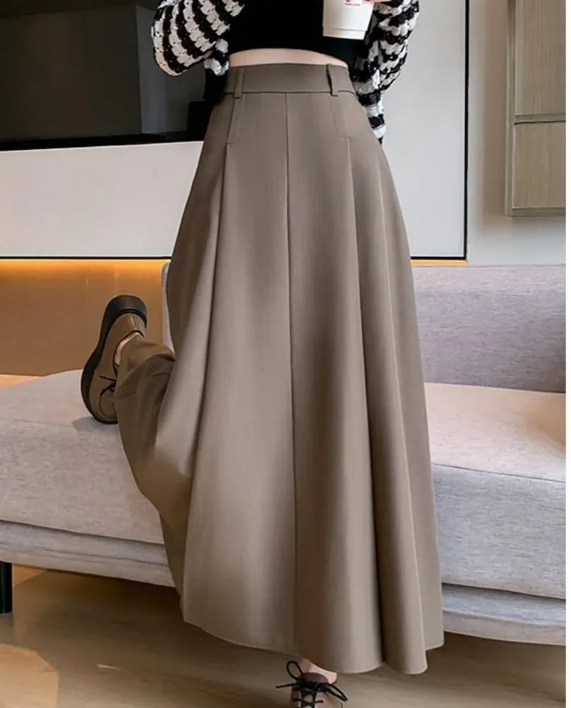 Office Lady All-Match Waist A-Line Skirts, High Waisted A Line Flowy Pleated Fall Winter Skirt with Belt