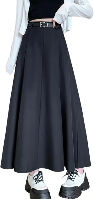 Office Lady All-Match Waist A-Line Skirts, High Waisted A Line Flowy Pleated Fall Winter Skirt with Belt