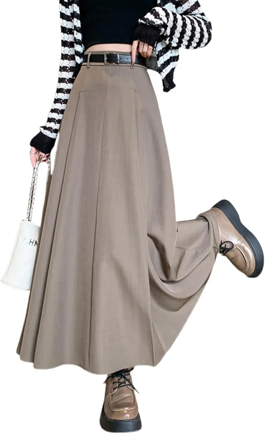 Office Lady All-Match Waist A-Line Skirts, High Waisted A Line Flowy Pleated Fall Winter Skirt with Belt