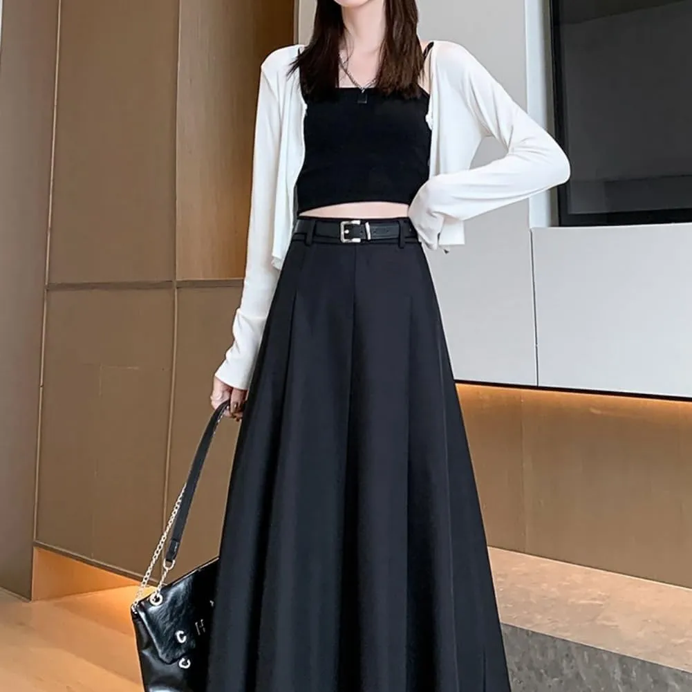 Office Lady All-Match Waist A-Line Skirts, High Waisted A Line Flowy Pleated Fall Winter Skirt with Belt