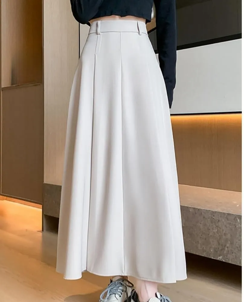 Office Lady All-Match Waist A-Line Skirts, High Waisted A Line Flowy Pleated Fall Winter Skirt with Belt
